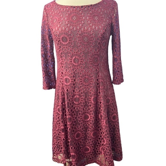 ModCloth Dress Cranberry Burgundy Floral Lace Overlay Lined Long Sleeves - Picture 11 of 11